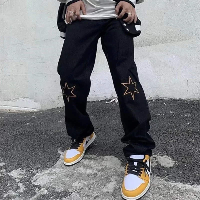 TJ2 2022 Men's Hip Hop Jeans Black Vibe Style Letter Star Print Street Dress New Letter Trend Straight Loose Elastic waist Jeans