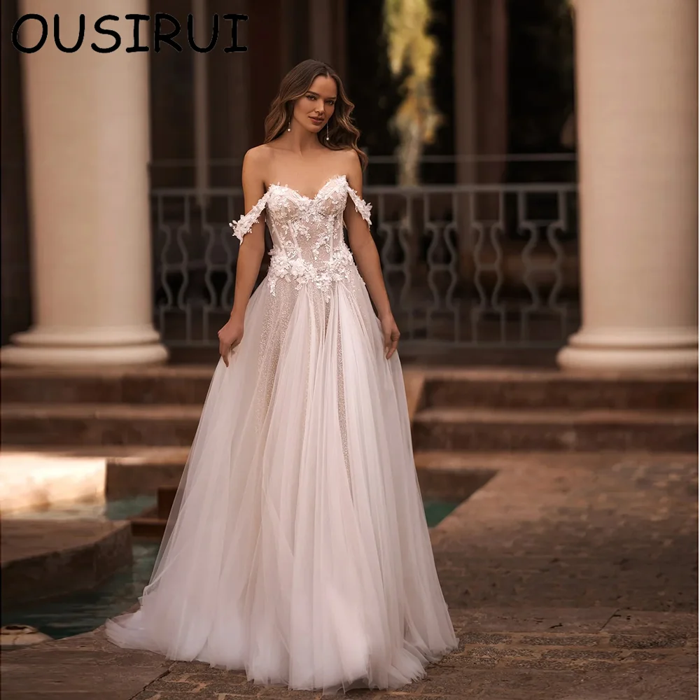 OUSIRUI-Off-ombro apliques renda vestido de casamento para mulheres, linha A tule, corte brilhante, vestido de casamento sem encosto