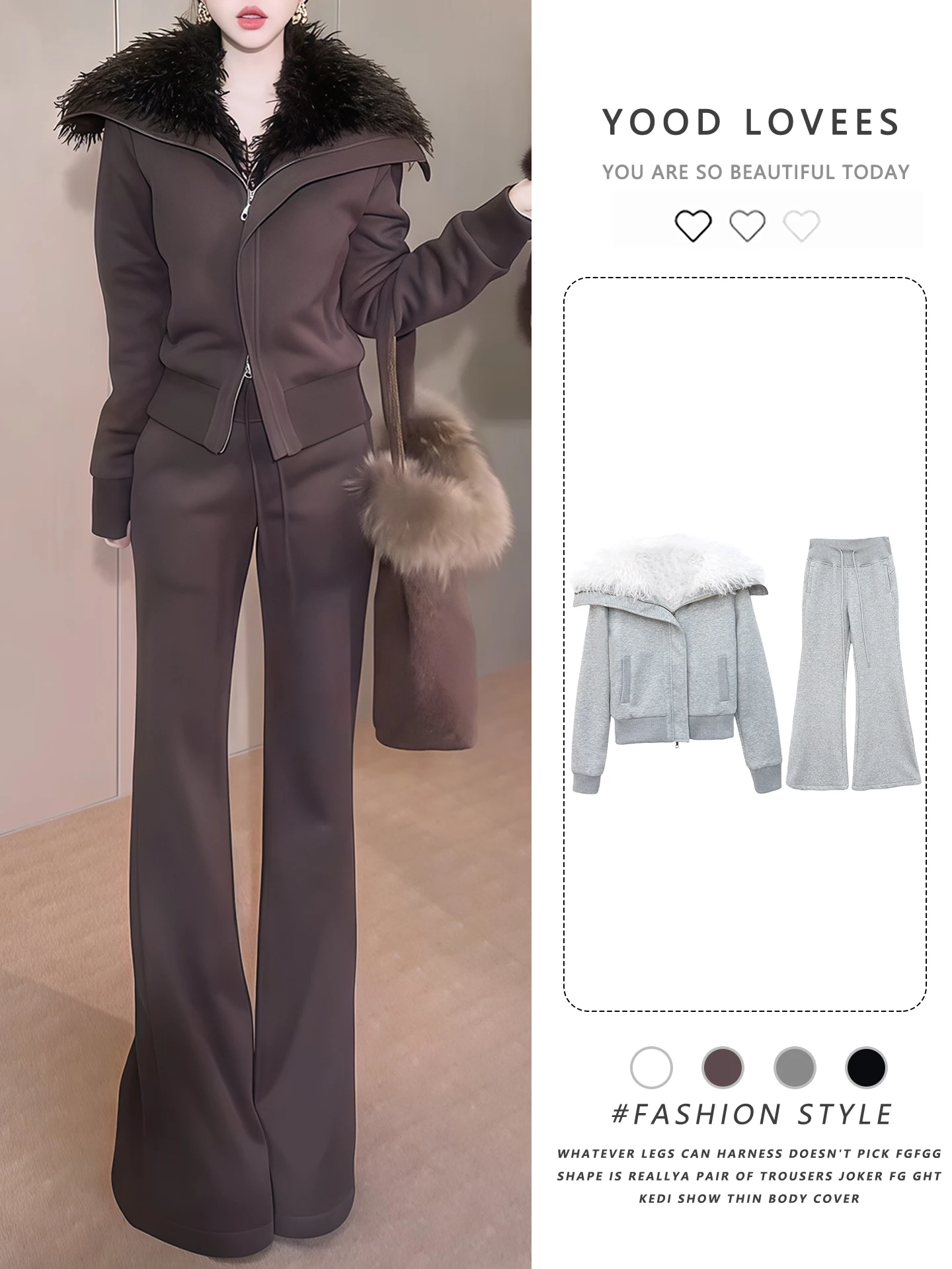 

Women's Fleece Lined Wide Leg Long Sleeve Hoodie Set Winter New Style High Waist Zipper Closure Color Two Piece Outfit