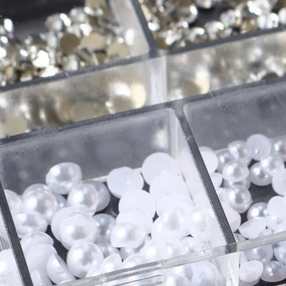 12Grids 3D Half Round Pearl+Glass Diamond Nail Charms Multi-Size Flatback Rhinestone&Perals Nail Art Decoration DIY Nails Supply