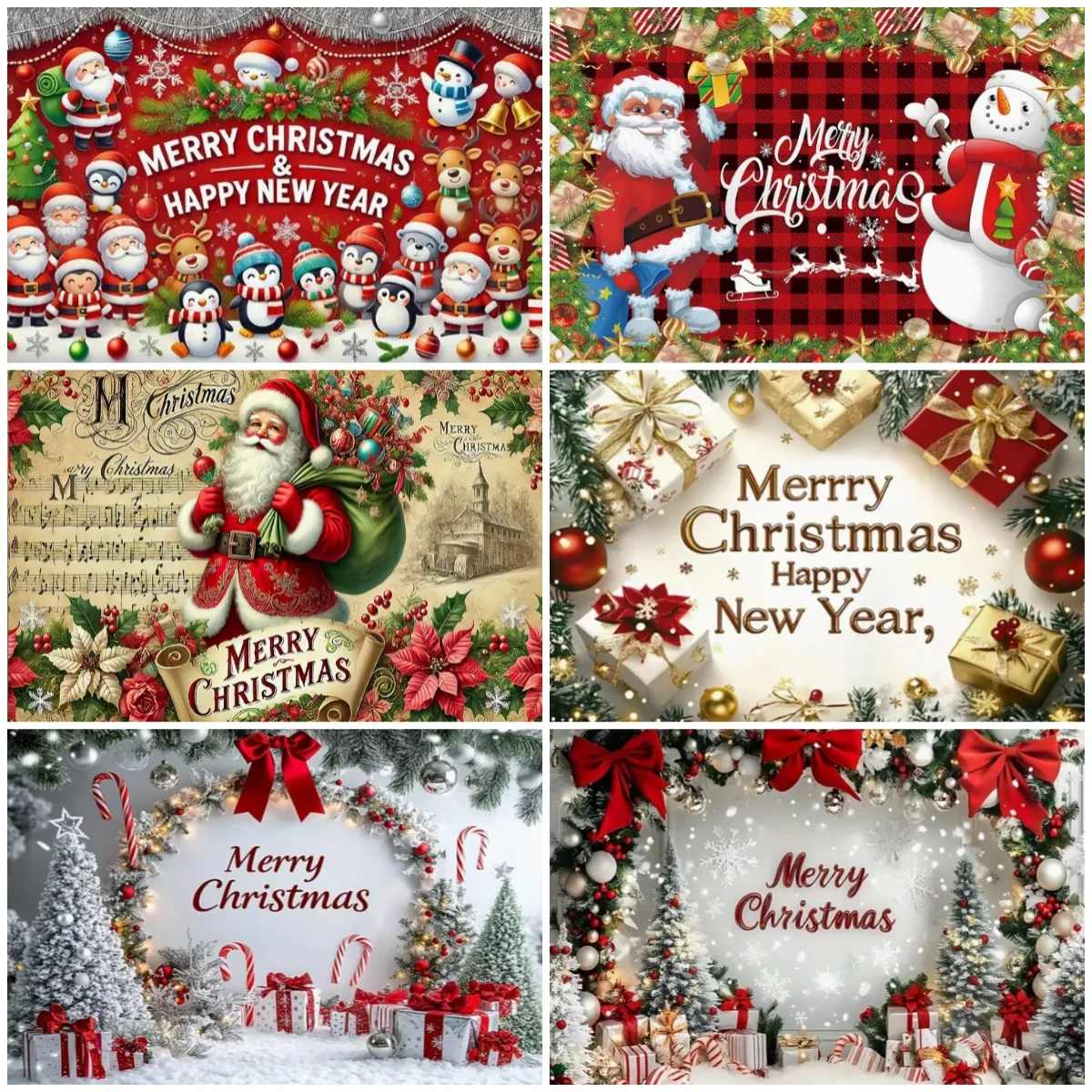 

Merry Christmas Background Banner Santa Tree With Gifts Ornament Bowknot And Warm Lights Theme Photography Backdrop Cloth Props