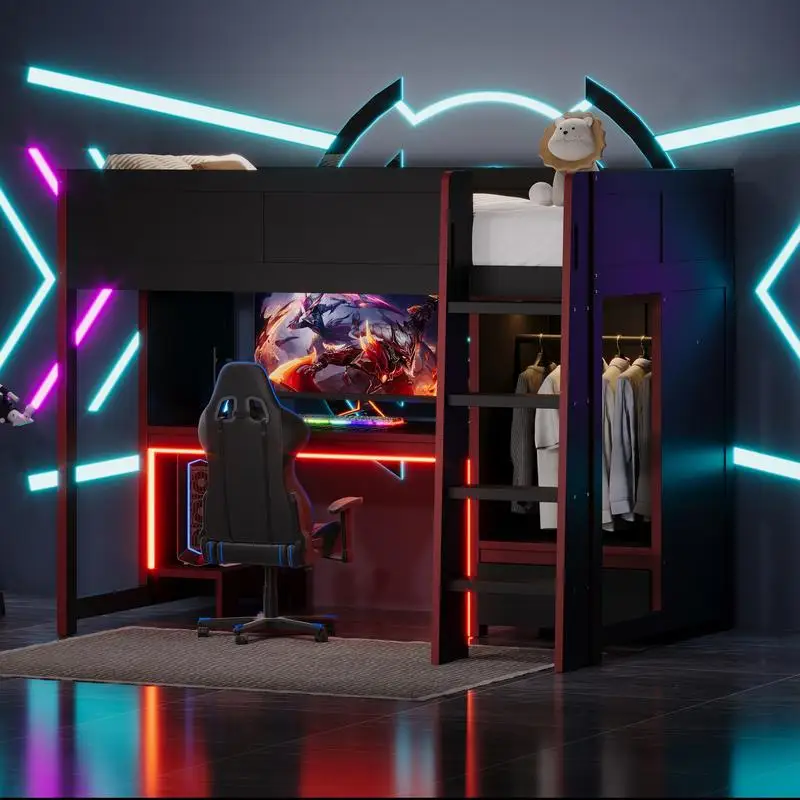 Twin Size Gaming Loft Bed w/ Built-in Desk, Wardrobe, LED Light & Drawer, Black Finish