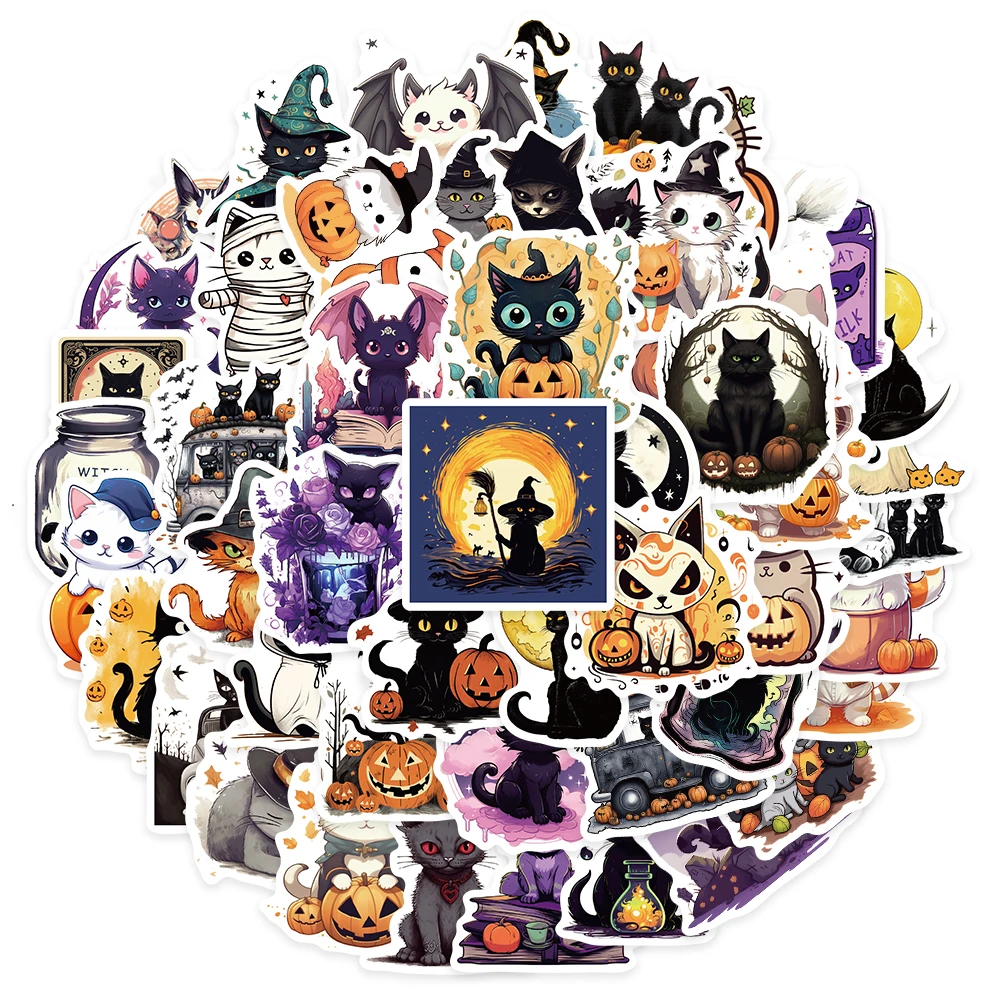 

50pcs Cartoon Pumpkin Cat Halloween Graffiti Stickers For Laptop Phone Luggage Guitar Bicycle Car Waterproof Vinyl Decals