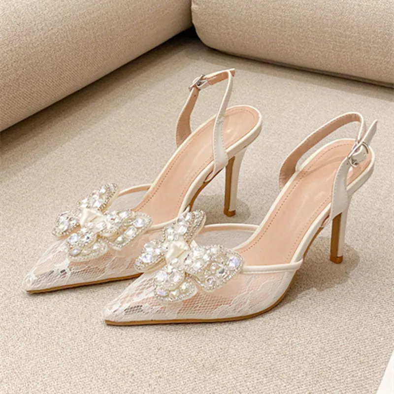 

Роскошные брендовые женские туфли на высоком каблуке с сетчатым кристаллом и бабочкой, летние сандалии с острым носком и пряжкой, свадебные туфли-лодочки на тонком высоком каблуке