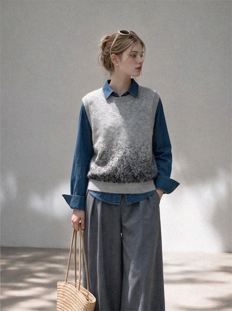 2026 Autumn Winter Women Gradient Knit Vest Round Neck Sleeveless Pullover Casual Loose Layering Sweater Waistcoat Top
