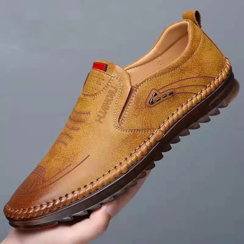 Men's Spring Summer Soft Leather Slip-On Shoes Waterproof Anti-Slip Wear-Resistant Driving Comfortable Flat Heel Casual Shoes