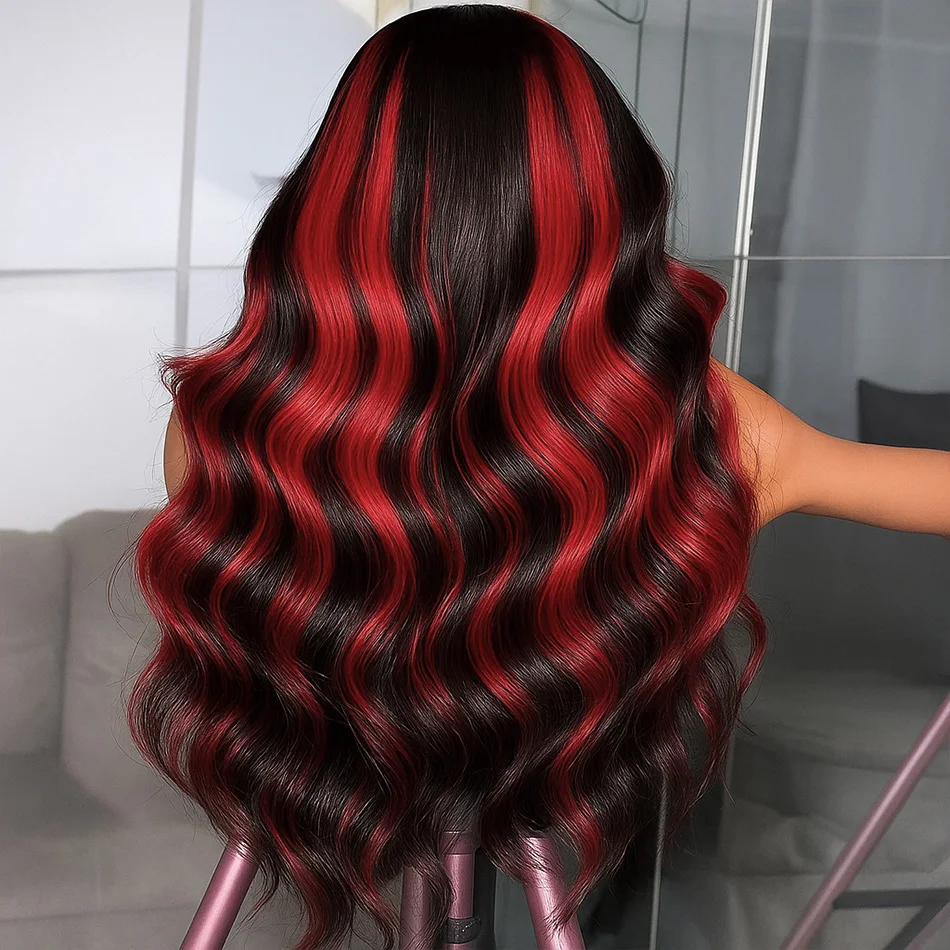 1B/99J أومبير الأسود مع الأحمر تسليط الضوء 5x5 الدانتيل إغلاق الجسم موجة باروكة من شعر طبيعي 30 بوصة ارتداء والذهاب البرازيلي الأحمر غلويليس الباروكات