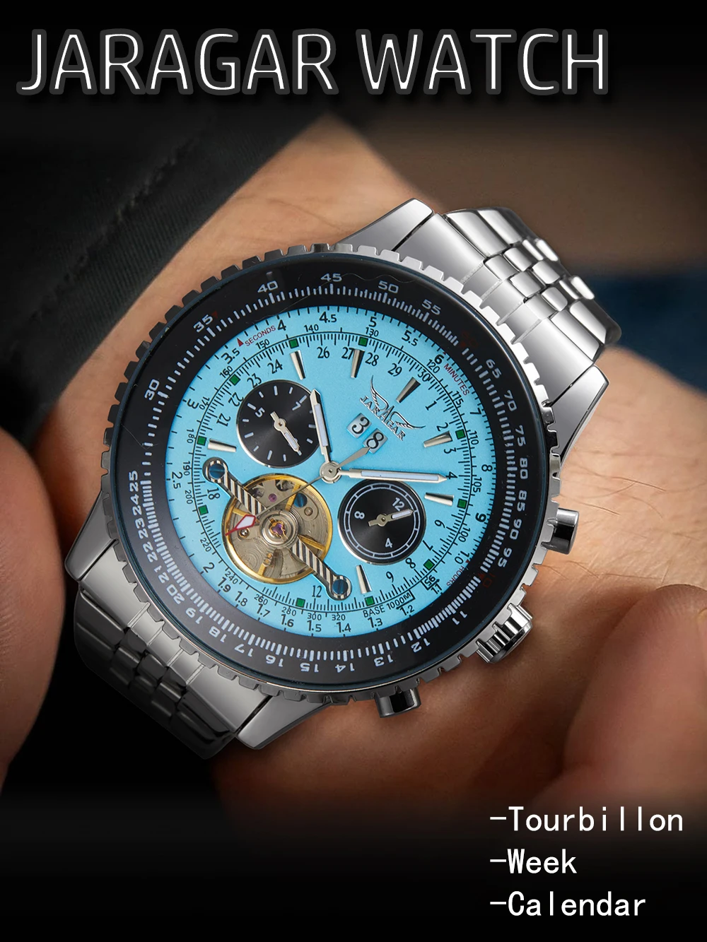 Jaragar 50MM montre mécanique automatique pour hommes multifonctionnelle Date mois semaine affichage 3ATM étanche affaires Style décontracté