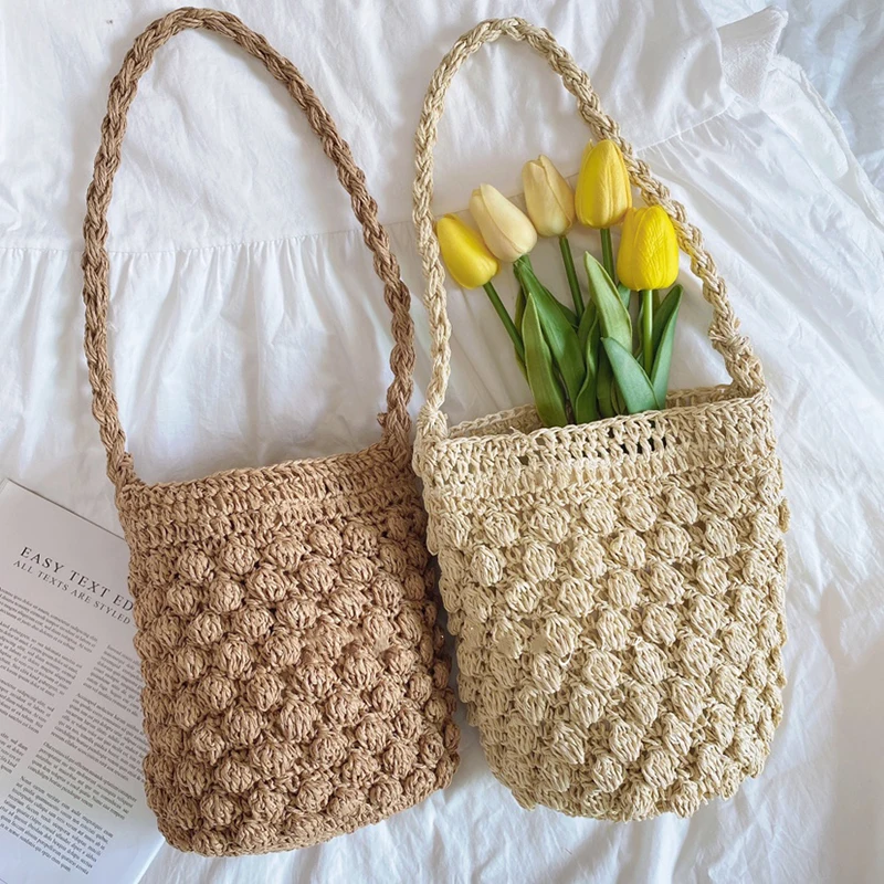 Summer Handmade Crossbody Bag for Women Beach Bag Weaving Drawstring Straw Bucket Shoulder Bag Female Travle Small Handbags Tote