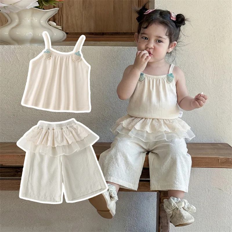 

2026 Summer Strap Set Sweet Princess Style Girls' Checkered Casual Pants Infant Set