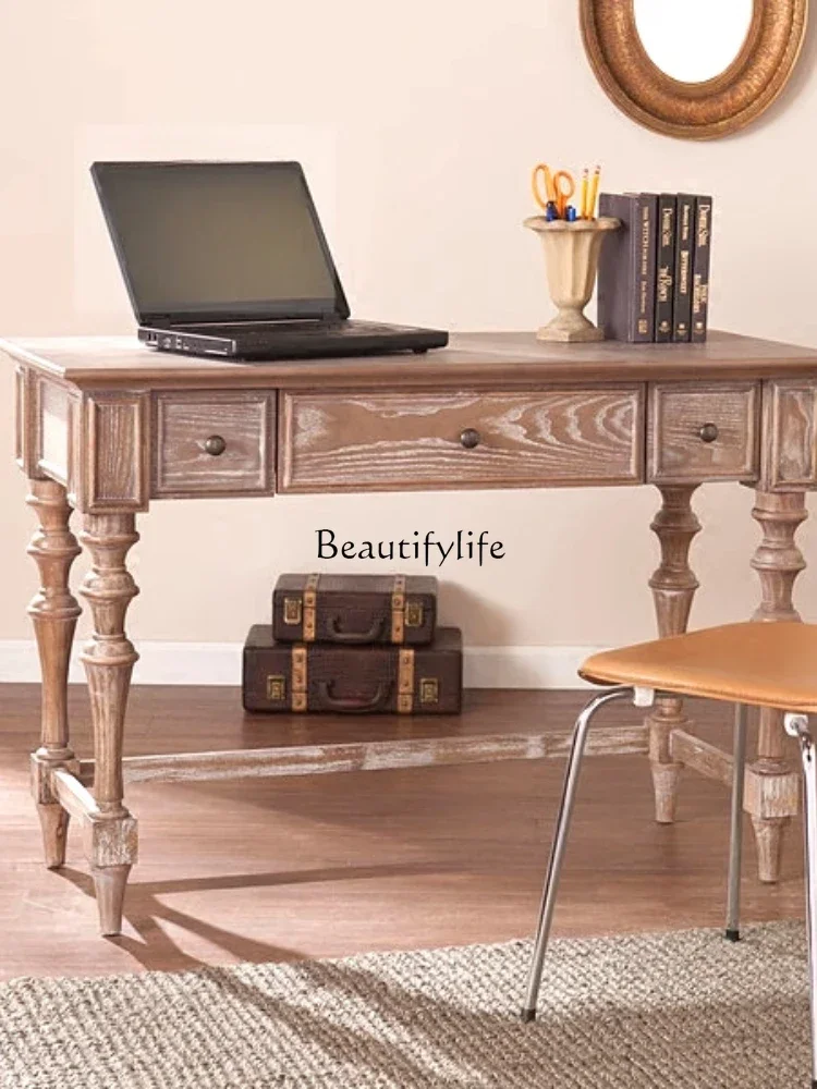 

jj *American country red oak desk single solid wood office French retro weathered white and old