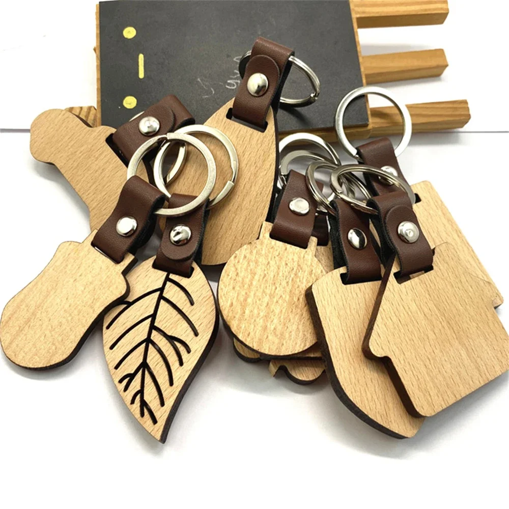 Blanks Wood Leather Keychain For Women Men Geometric Round House Leaf Wooden Key Chain Car Bag Keyrings Accessories