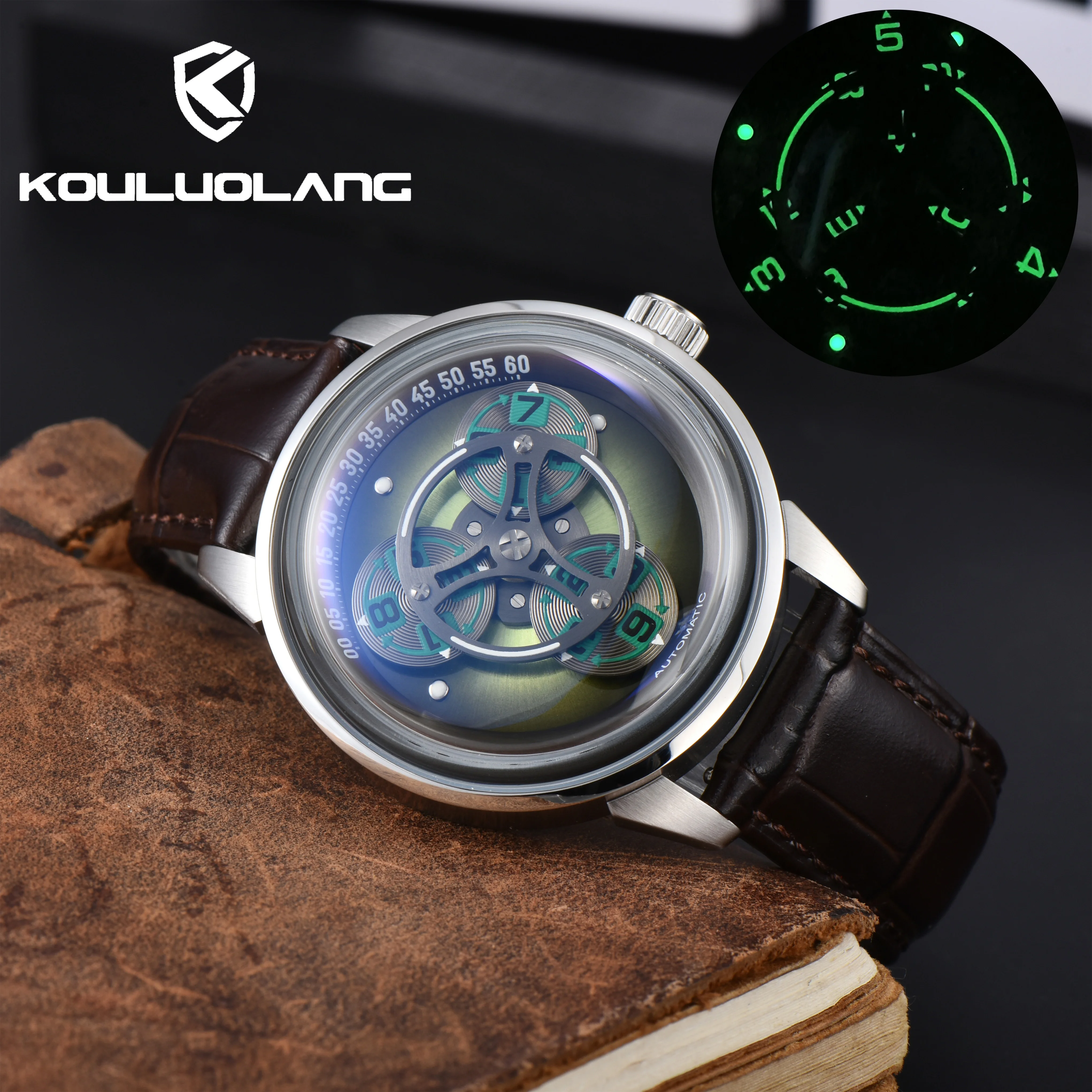 KOULUOLANG 42mm Miyota 8215 Automatic mechanical movement 316L green luminous stainless steel case men's watch