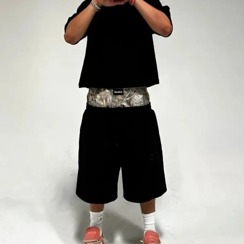 Y2K retro shorts camouflage pattern street wear men's and women's Harajuku hip-hop casual double waist embroidered boxer sports