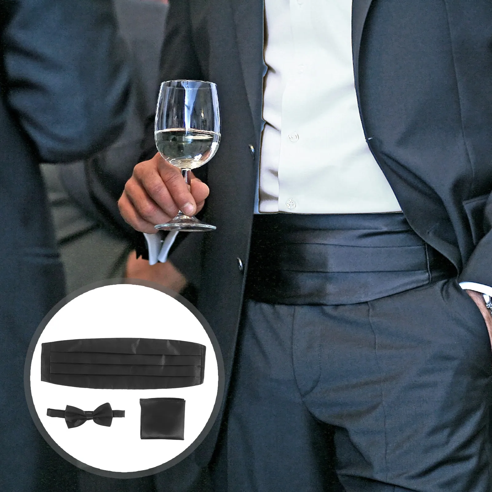 3Pcs Men's Bow Tie Cummerbund Pocket Handkerchief Set Black Satin Polyester Formal Evening Tuxedo Prom Wedding Party Accessory