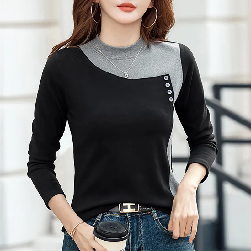 

#0378 Spliced Color Long Sleeve T Shirt Women Half Turtleneck Slim Thick Warm Autumn Winter T Shirt Buttons Tee Shirt Femme