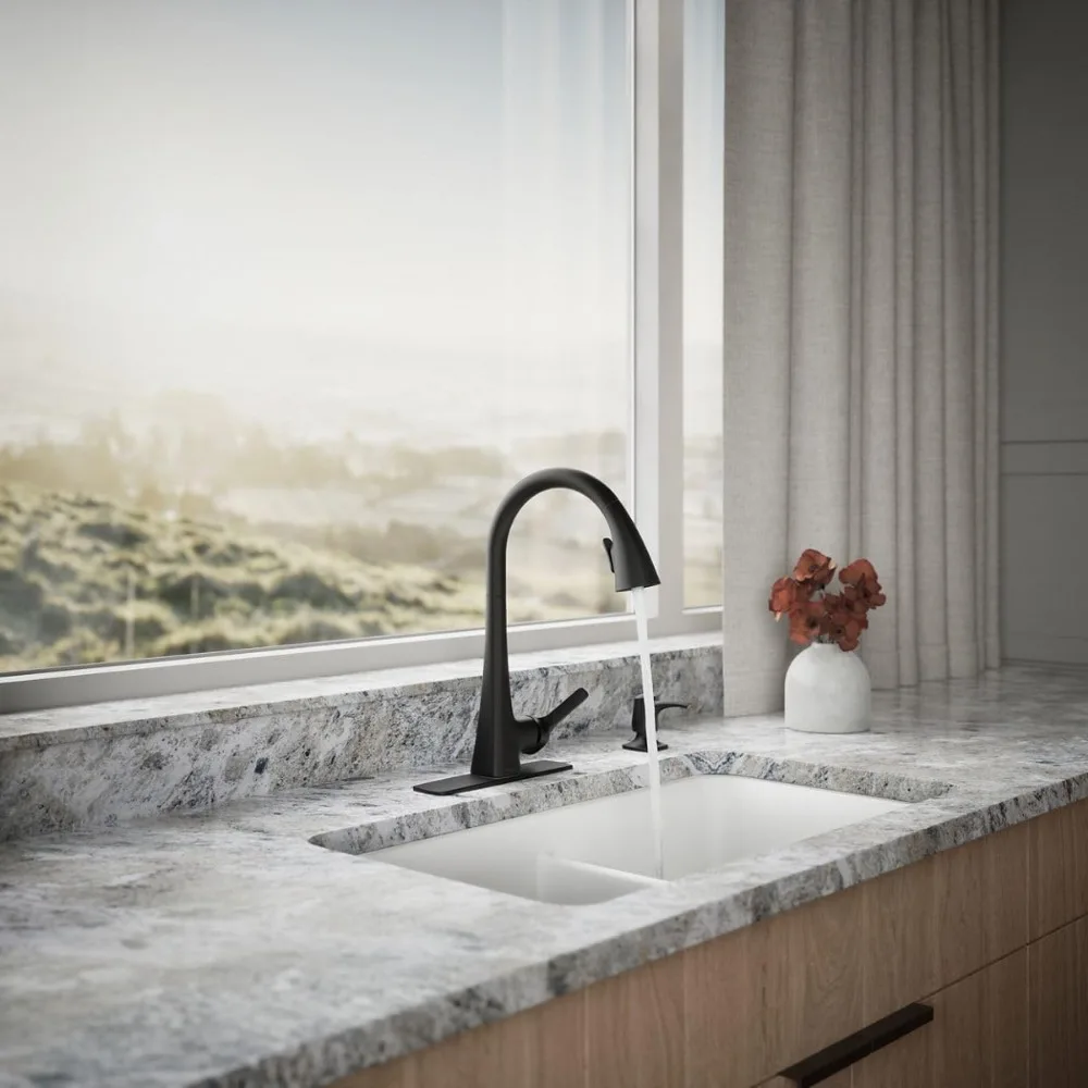 Kohler Maxton Torneira de cozinha removível preta fosca com dispensador de sabonete e pulverizador