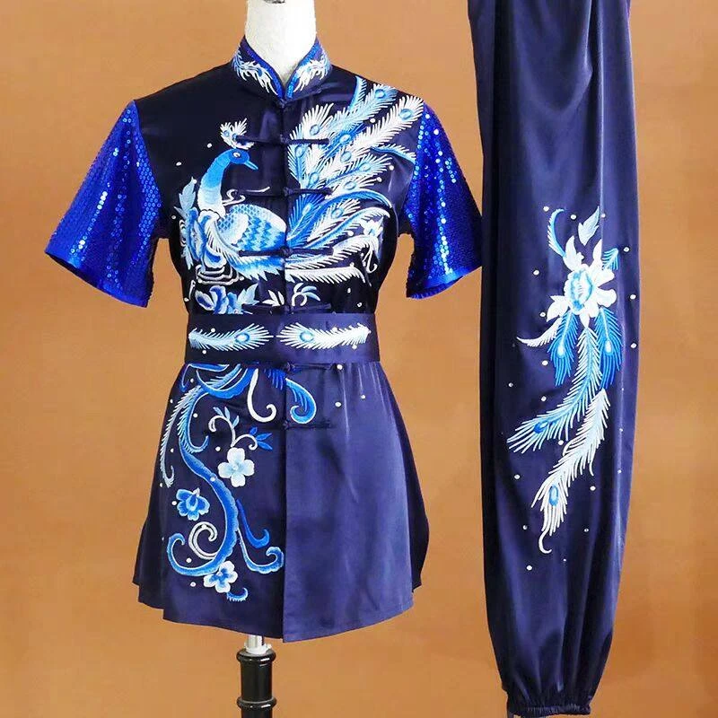 New Short Sleeve Phoenix Embroidered Changquan Wushu Uniform Kids Students Exam Competition Colorful Suit Men Women Custom