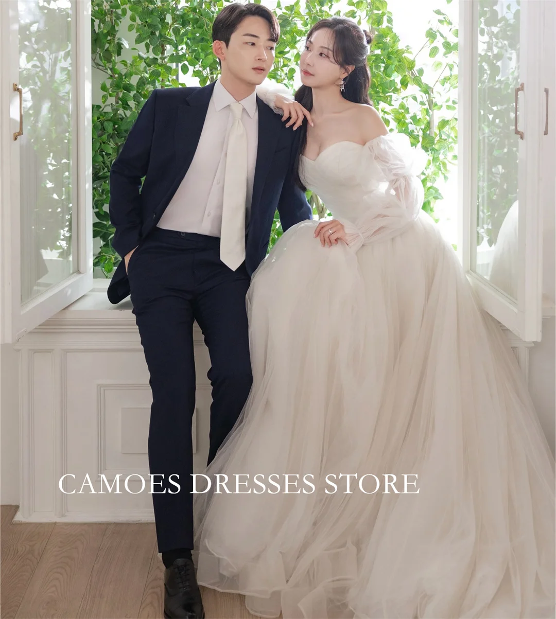 SONDR Customized Sweetheart Ivory Wedding Dresses Ruched Korea Long Sleeves A-Line Tulle Brides Gowns Women Bridal Dresses