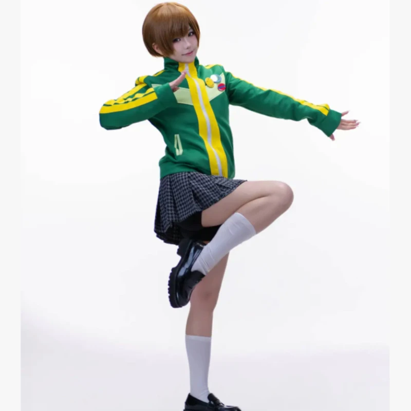 Persona 4 Chie Satonaka Cosplay Costume School Uniform Green Jacket Pleated Skirt Ribbon For Women Halloween - view 3