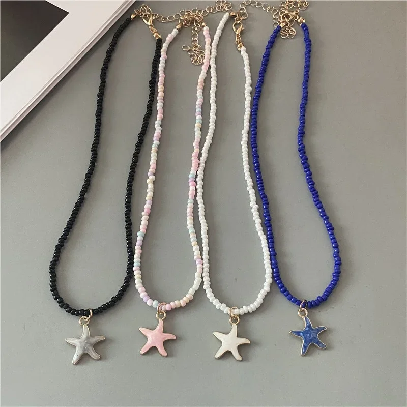 4 Colors Fashion Starfish Choker Necklace for Men Women White Black Blue Colorful Rice Beads Gift for Friend Short Collar