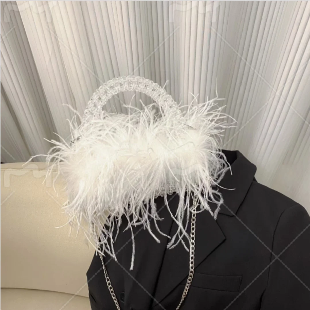 White Ostrich Feather Crystal Beaded Handbag Women Chain Shoulder Bag Wedding Evening Party Crossbody Purse