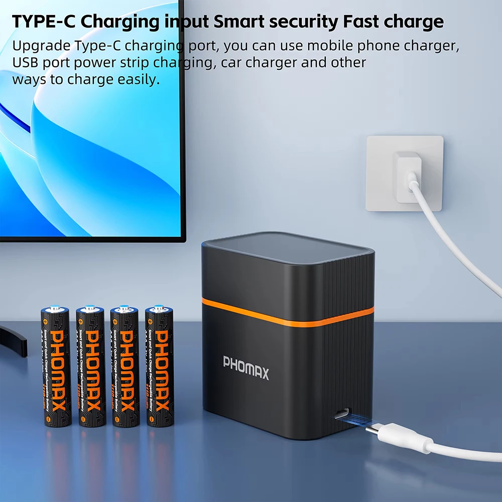 POHMAX 1.5V Lithium Rechargeable Battery AA 4200mWh AAA 1100mWh Lithium-ions Charger 8 Slots Fast Charging Box with Type-C Cable