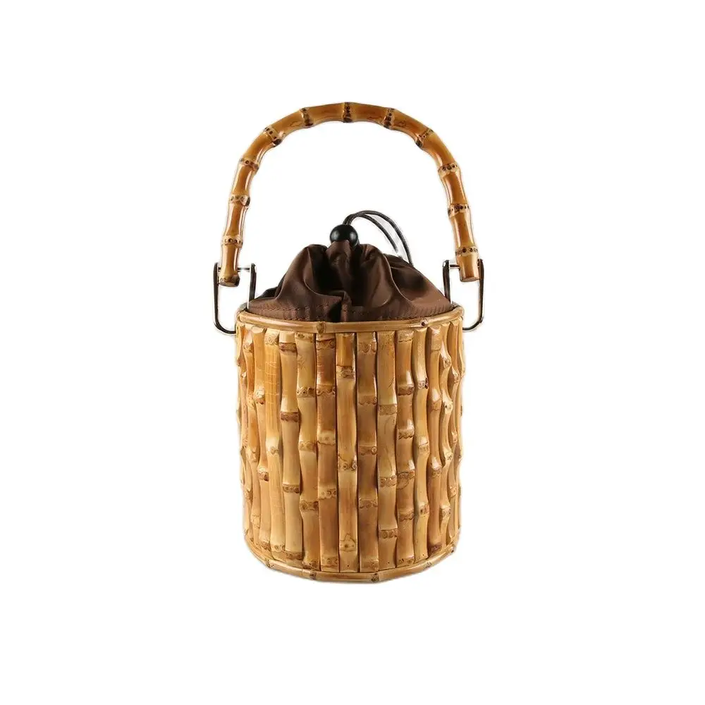 Nilerun New Latest Unique Handmade Hard Natural Bamboo Root Cylindrical Purse Barrel Handbag Bucket Bag for Women