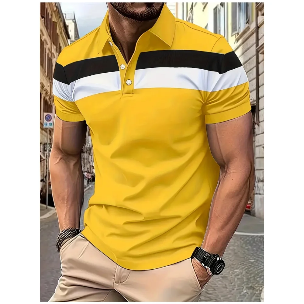 Men's Polo Short Sleeve Button Lapel 3D Print Tops Fashion Mens Polo Clothing New Mens Printed Striped Polo Shirt Casual  Blouse