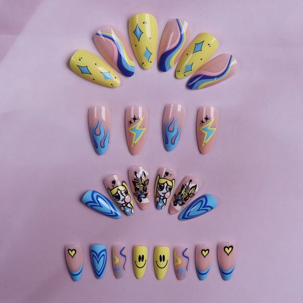 Press on nail 24pcs Blue Glitter French Tip Heart Press on Nails Medium Square Fake Nails Glossy Gradient False Nails with Rhine