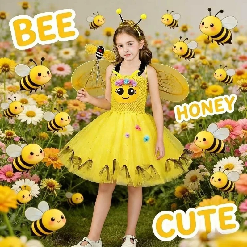 

Yellow Bee Costume Cute Animal Cosplay Dress With Wings Headband For Halloween Stage Performance Carnival Party Outfit Lovely