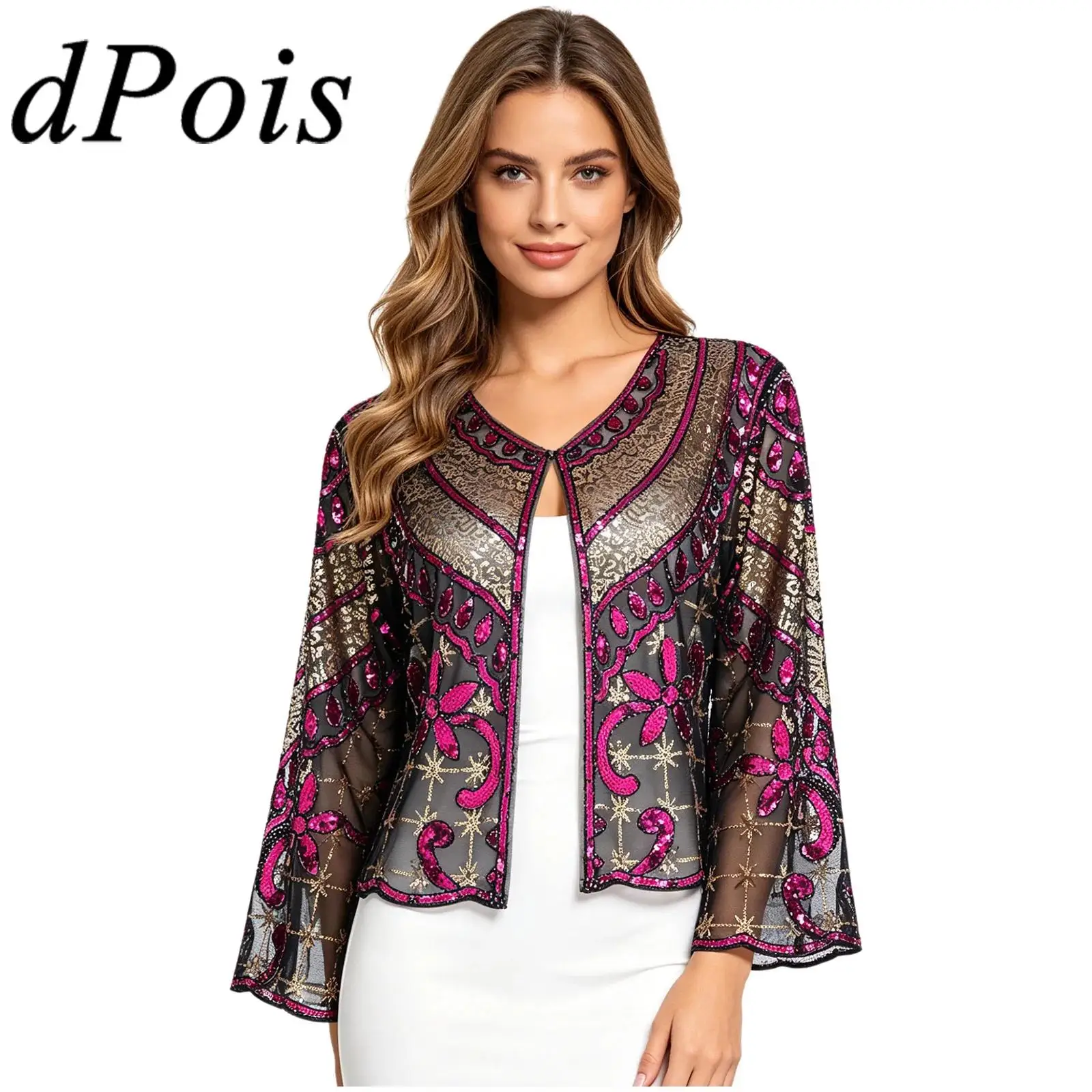 

Women 1920s Flapper Bolero Vintage Cocktail Party Wraps Sequins Beads 3/4 Sleeve Open Front Cardigan Shawls Lady Evening Cape