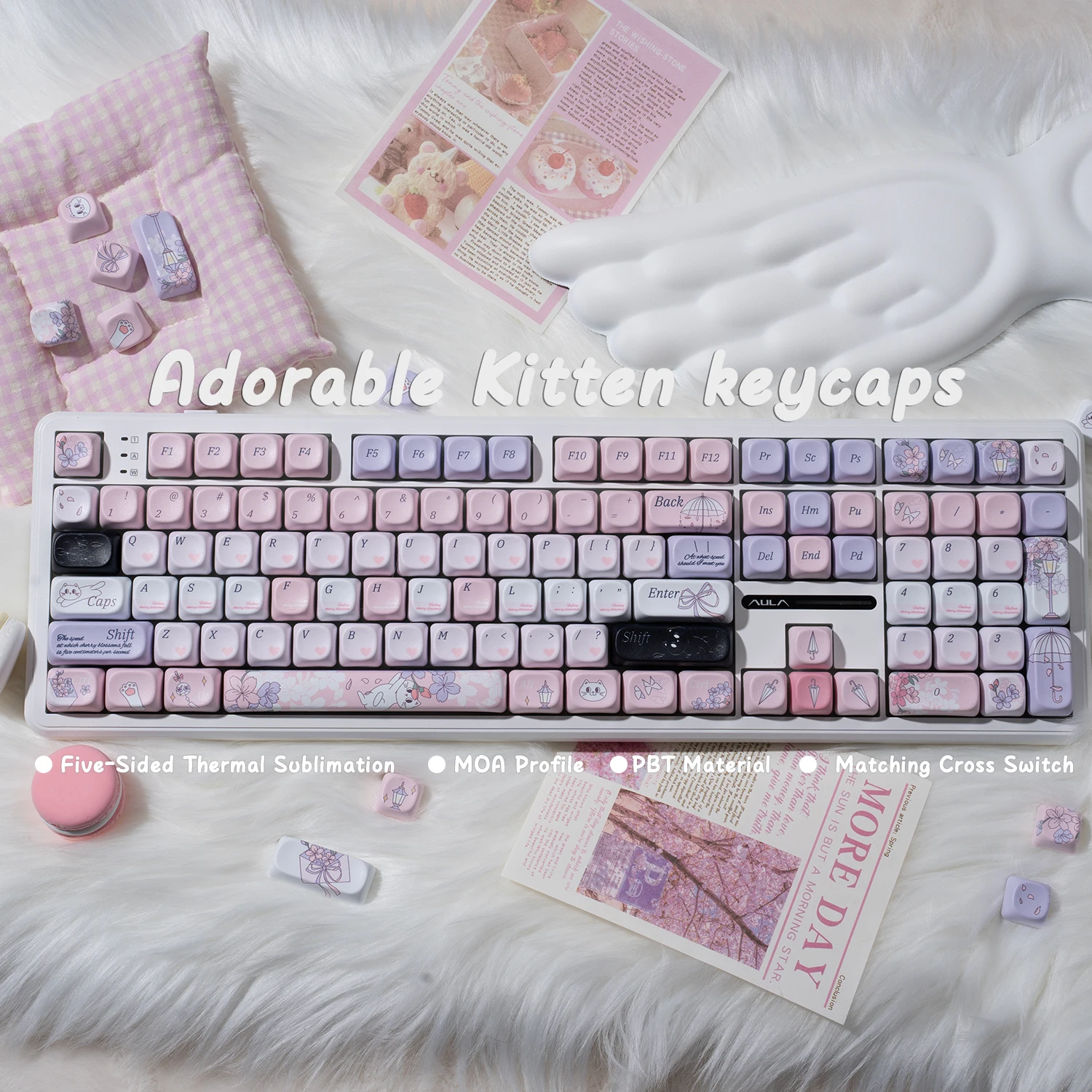 Purple Cat Cute Keycaps MOA Profile PBT Five-Sided Sublimation for Mechanical Keyboards Accessory 60 70 80 90 100 108 Key Caps
