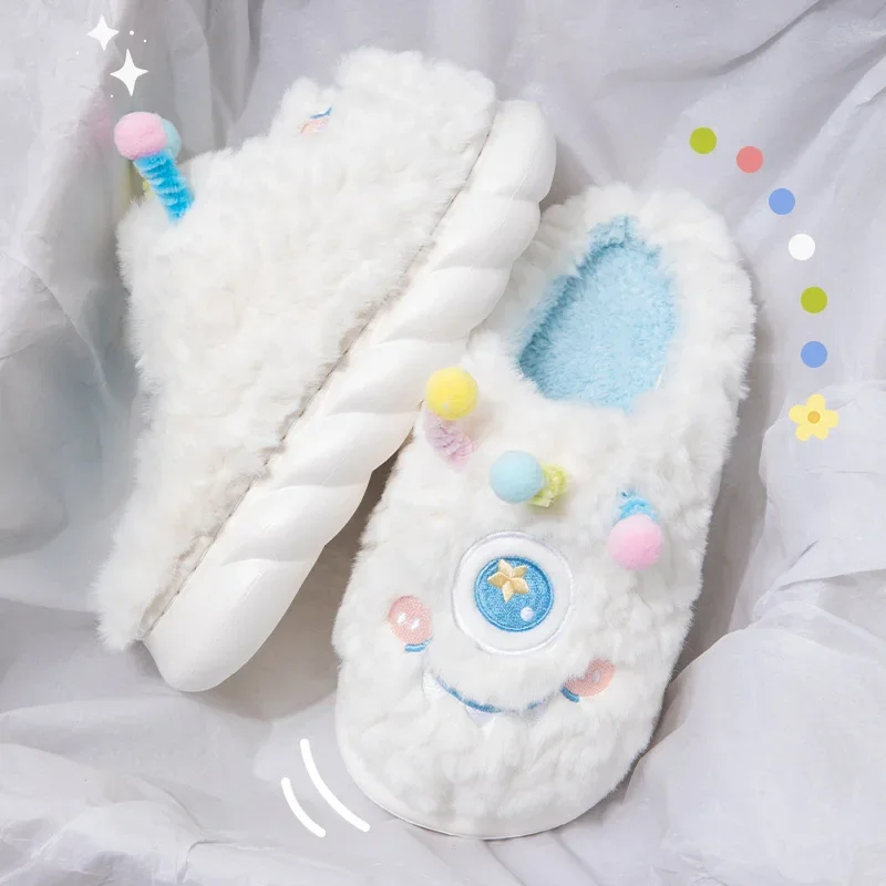 

2025 кавайные нечеткие домашние домашние тапочки для пола, женские зимние теплые тапочки с маленьким монстром, милые забавные нескользящие туфли, мужская и женская обувь