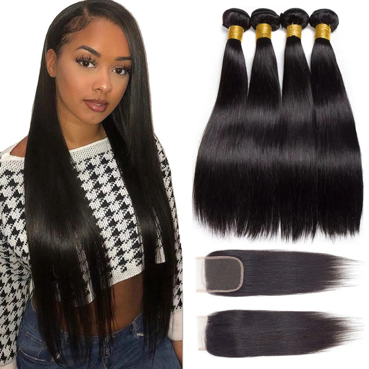 

Straight Hair Bundles with Lace Closure Human Hair 4 Bundles with 4x4 Lace Closure 100% Unprocessed Brazilian Virgin Human Hair