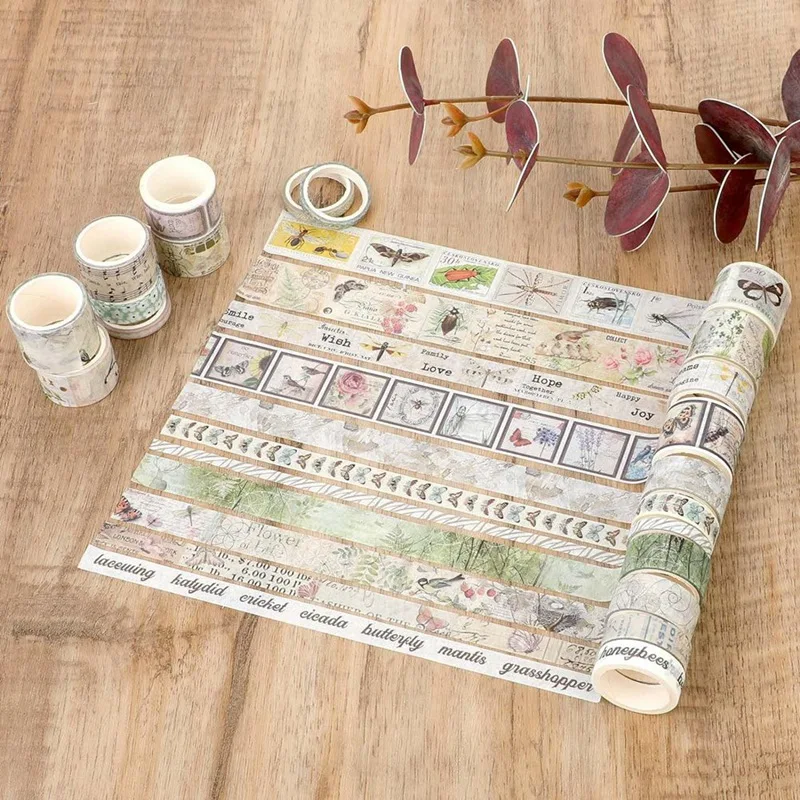 AB47-VINTAGE Washi เทปชุด 20 ม้วนหัตถกรรมเทปดอกไม้ผีเสื้อพฤกษศาสตร์ Washi Masking เทปม้วนเขียนได้เทปตกแต่ง