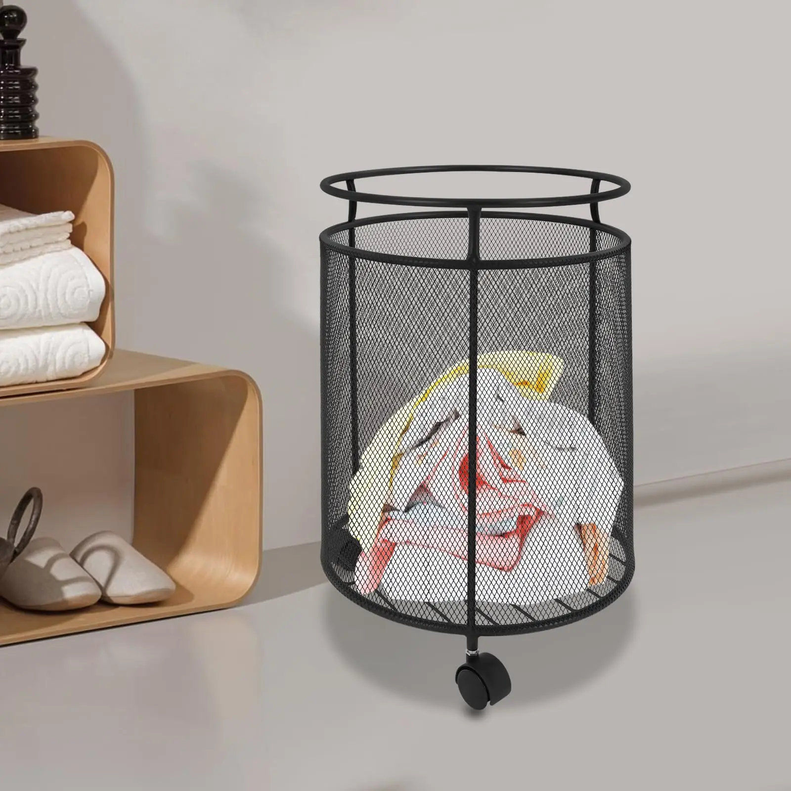 سلة الغسيل بعجلات، عربة سلة الغسيل المعدنية المستديرة، عربة فرز سلة الغسيل المحمولة، لعبة سلة الملابس القذرة للحمام