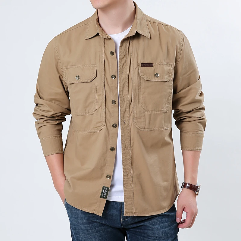 

Весенне-осенняя новая мужская повседневная рабочая одежда из чистого хлопка, длинная рубашка свободного кроя, тонкая, износостойкая, влагопоглощающая...