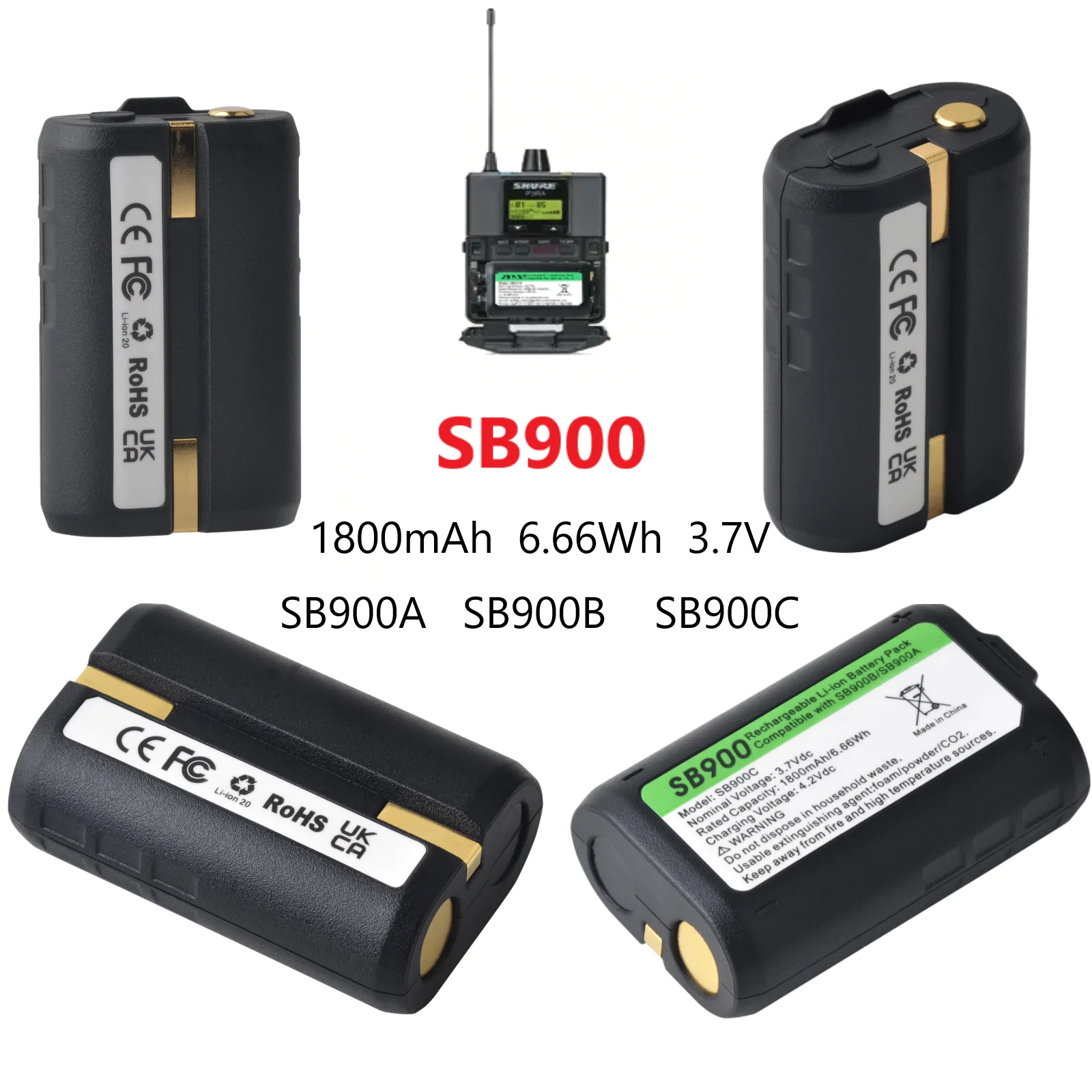1800mAh SB900 Replacement Battery for Shure ULXD QLXD AD PSM Series Replace SB900A SB900B SB900C Wireless Microphone Transmitter