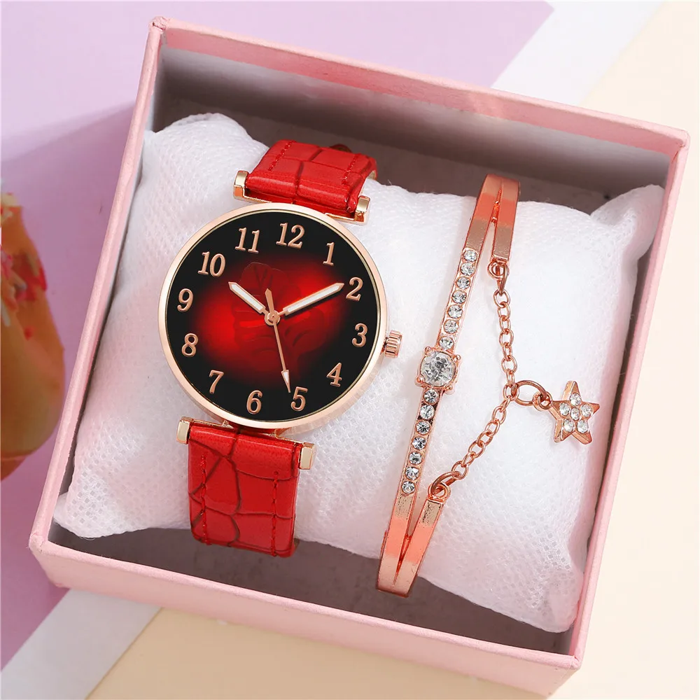 นาฬิกาข้อมือผู้หญิงชุด2ชิ้นผู้หญิงนาฬิกาควอตซ์ผู้หญิงหนังสร้อยข้อมือนาฬิกาหรูหราลำลองสำหรับแฟน