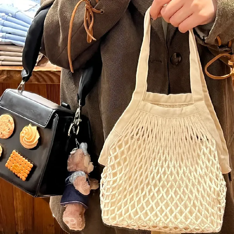 New Beach Handbag for Girls Summer Straw Rope Hollow Out Hand Woven Totes Fishnet Bag Women Hollow Knitting Handbag