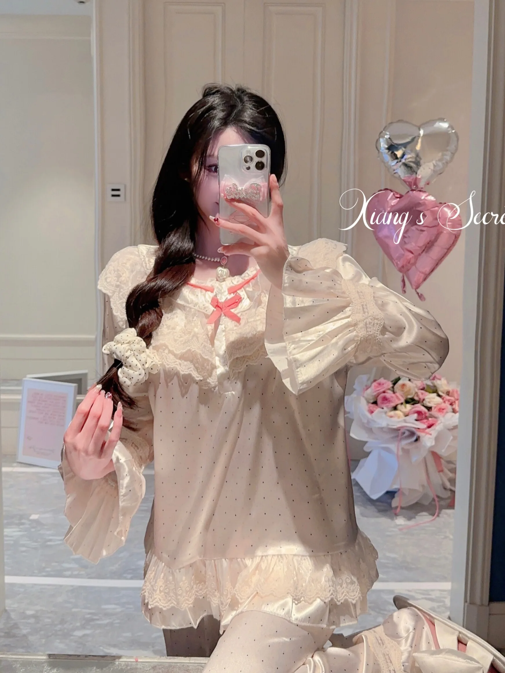 Sweet Retro Cream Princess Court Style Polka Dot Bow Pajamas Japanese Girl Casual and Comfortable Long-sleeved Loungewear Set