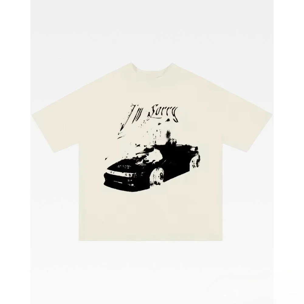 T-Shirt Men Women I'm Sorry Gothic Font Retro Race Car Graphic Vintage Y2K Grunge Streetwear Loose Casual Tee Top