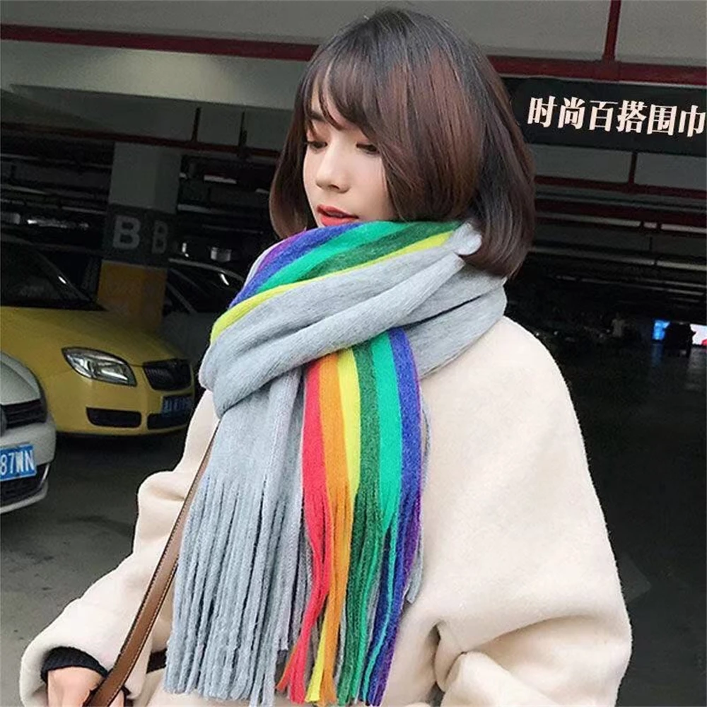 Women\'s Rainbow Scarf Winter Cashmere Shawl Thickened Warm Knitted Line Scarf Long Fashion Bufandas Shawl Pashmina for Femme