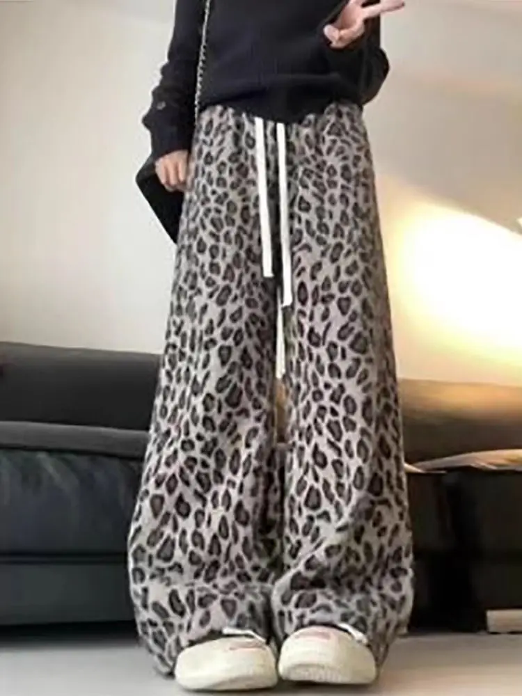 Deep coffee leopard print fleece wide-leg  women's autumn and winter fleece thickened narrow straight  mink fleece casual pants