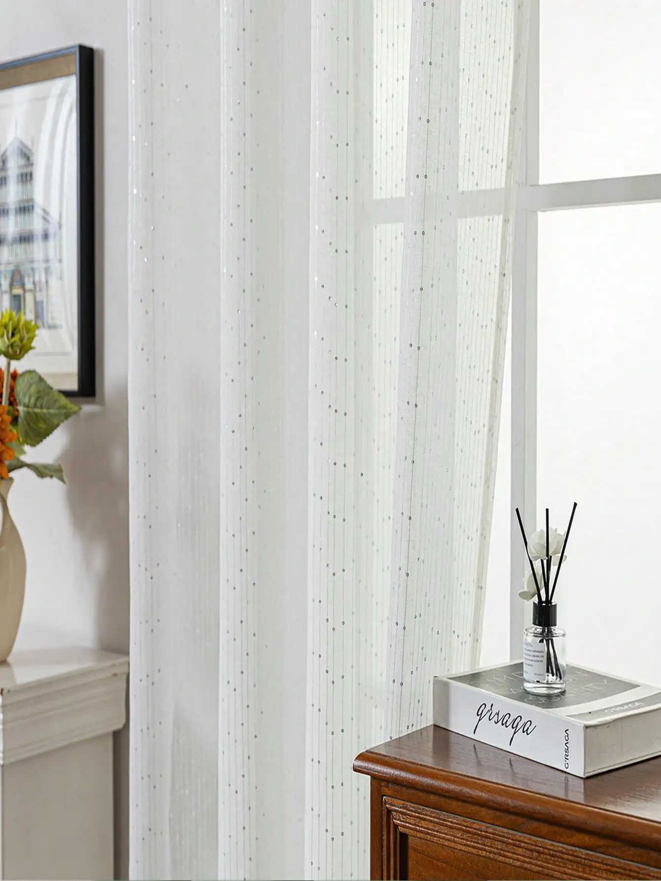 Slitter Dotted With Stars Romantic White Gauze Curtains,Shiny Home Decoration For Bedroom,Living Room Grommet Top Curtain