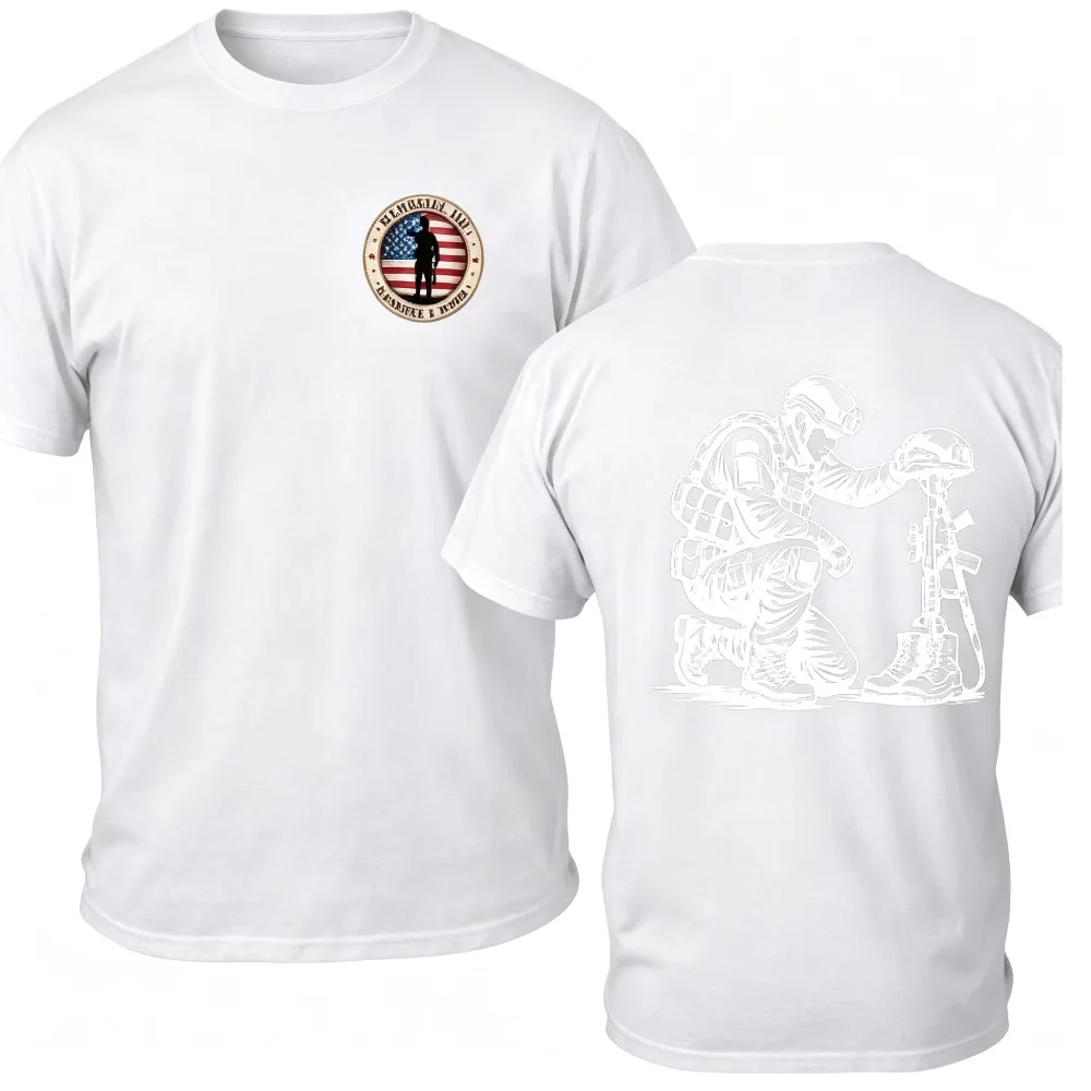 2026 New Memorial Day Kneeling Soldier Memorial Back Print T-shirt, American Patriotic Military Loose Unisex Tops