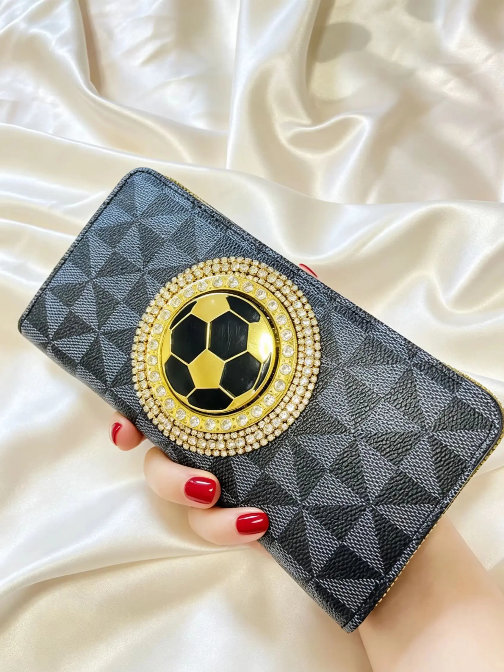 Luxury Faux Leather Women's Long Wallet, Rotating Gold Ball Rhinestone Zipper Handbag, Geometric Pattern Card Holder, Party Gift