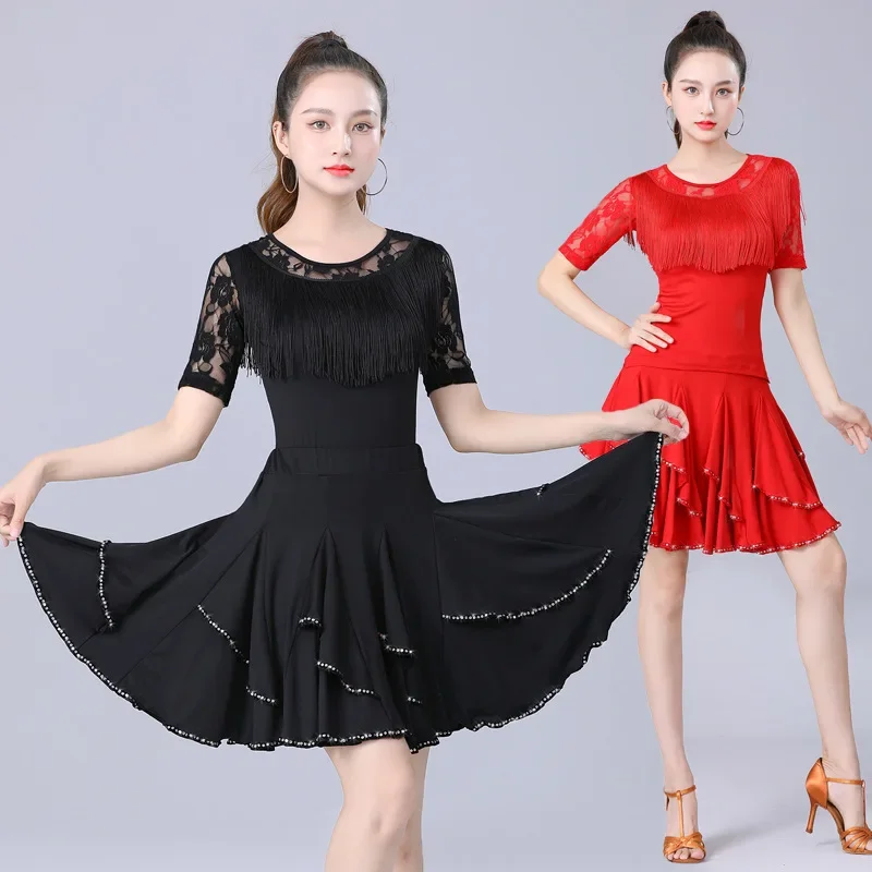 Lace Latin Dance Costume Women Square Dance Costume Tassel Practice Clothing Set Dancing National Standard Dance Modern