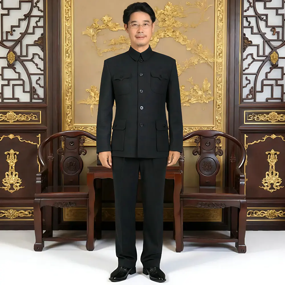 

Мужской темно-серый китайский комплект туники Mao Костюм Пальто с брюками Комплект из 2 предметов Zhongshan Блейзер Куртка и брюки Twinset